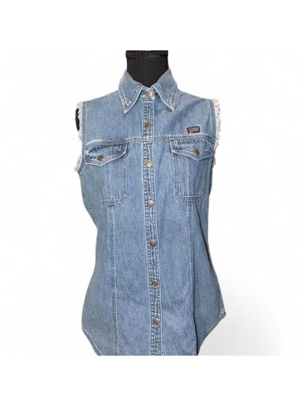 Harley-Davidson Vintage Distressed Frayed Denim Sleeveless Button Up Vest - Sz S